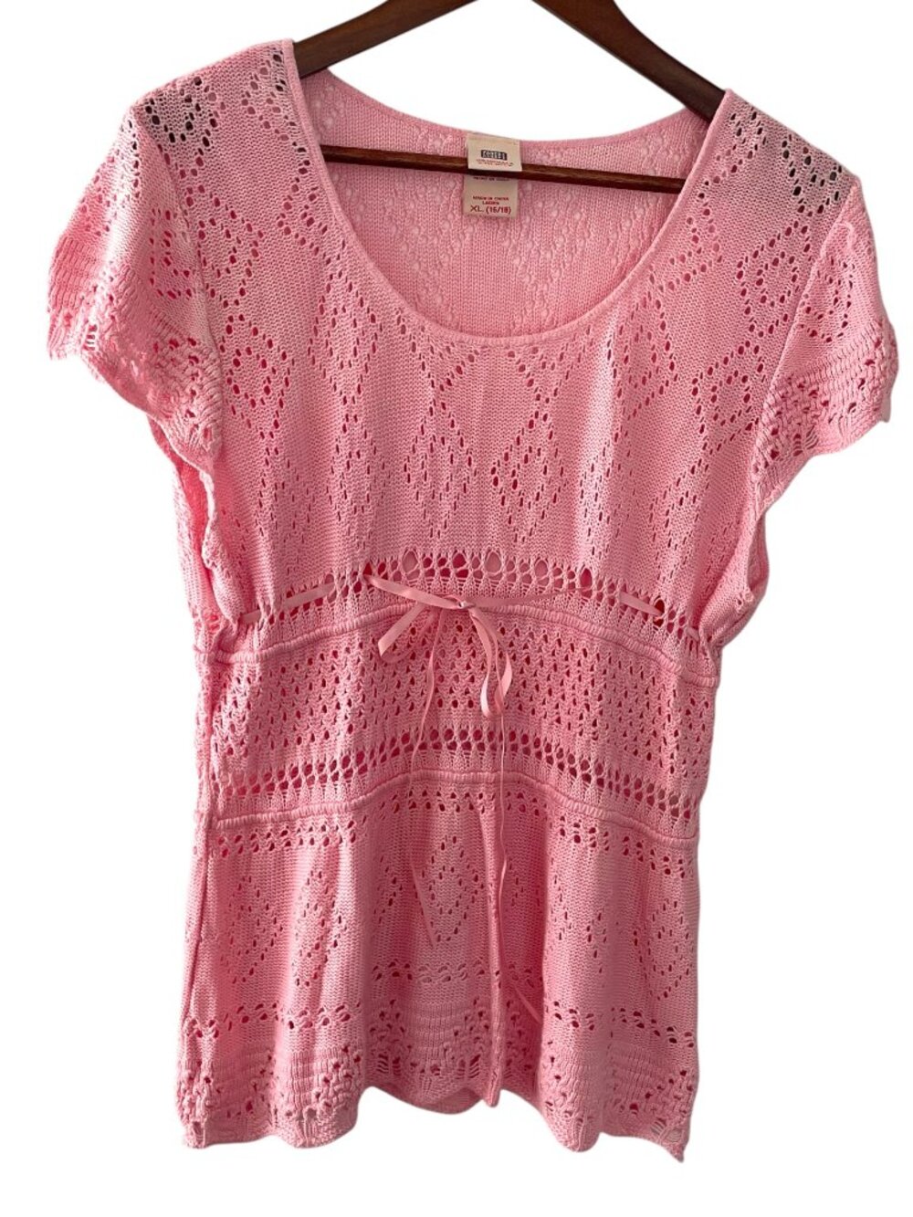 Vintage Y2K Babydoll Sweater Top XL Pink Crochet Pointelle Knit Coquette Kawaii
